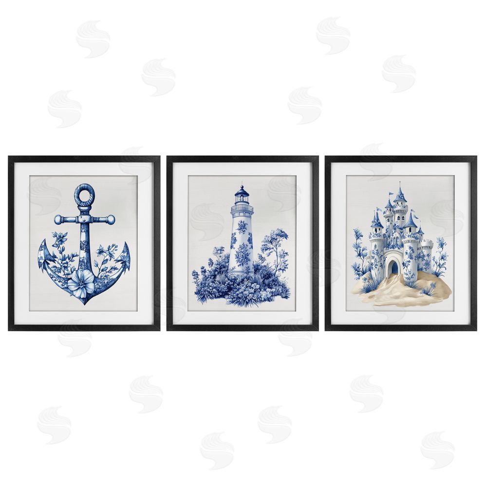 Lettered and Lined Ornate Nautical Toile Patterns Black Framed Print Under Glass Wall Art