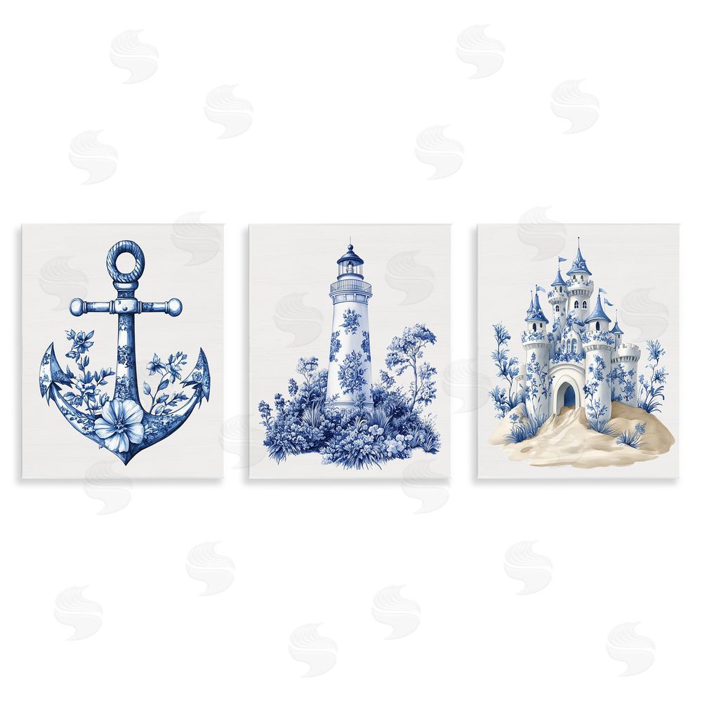 Lettered and Lined Ornate Nautical Toile Patterns Wooden Wall Plaque Art Print