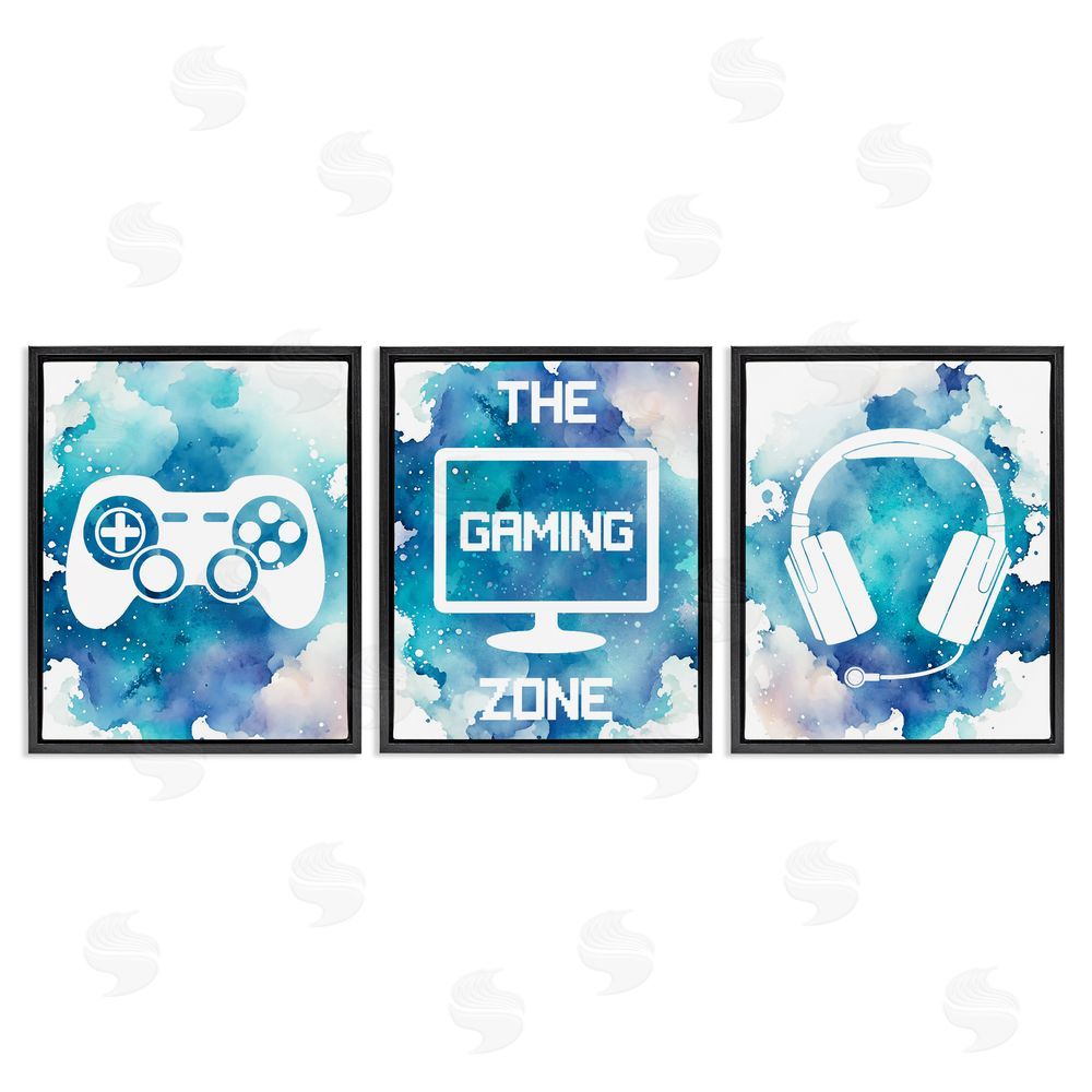 Marcus Prime Blue Gamer Splatters Black Floating Frame Canvas Wall Art Print