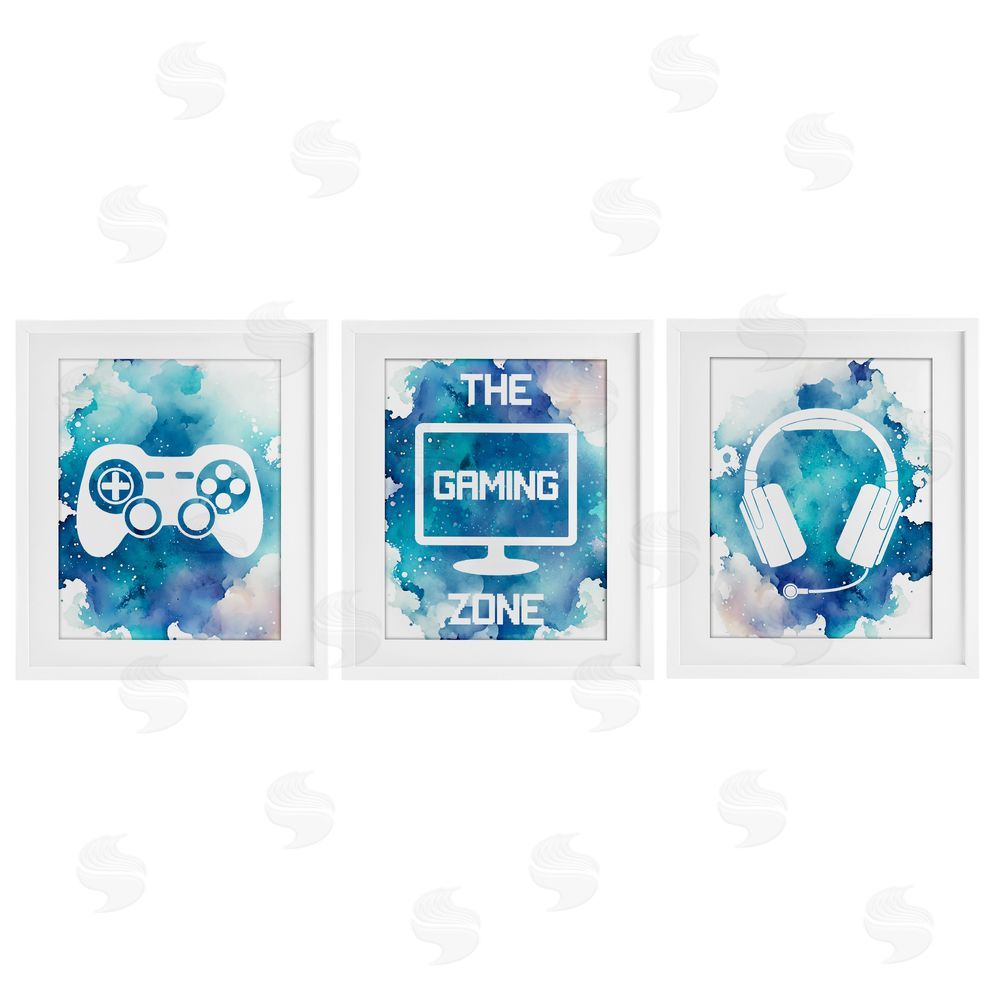 Marcus Prime Blue Gamer Splatters White Framed Print Under Glass Wall Art