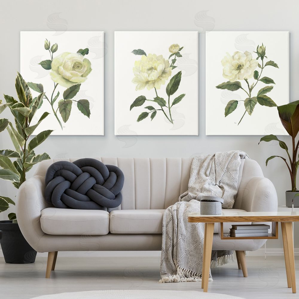 Nan Ivory Budding Garden Flowers Stretched Cavas Wall Art Set in Room