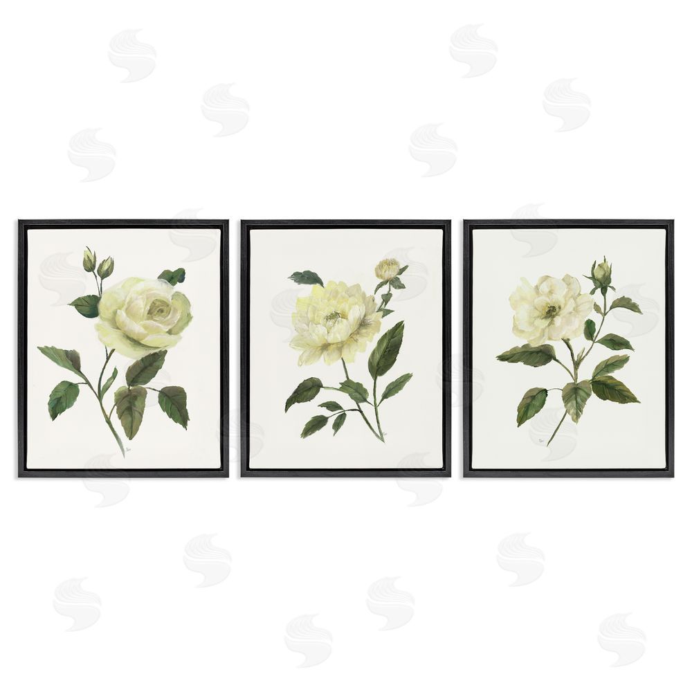 Nan Ivory Budding Garden Flowers Black Floating Frame Canvas Wall Art Print
