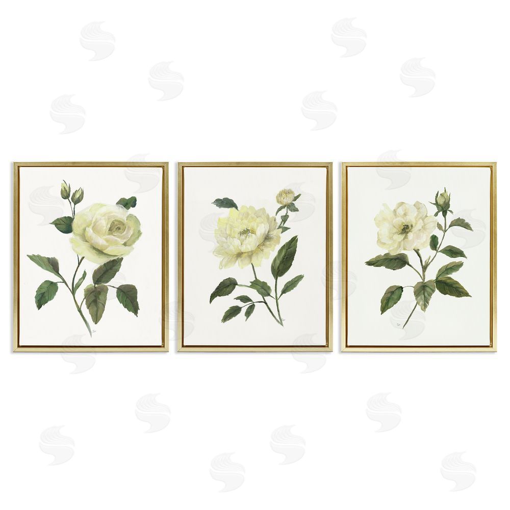 Nan Ivory Budding Garden Flowers Gold Floating Frame Canvas Wall Art Print