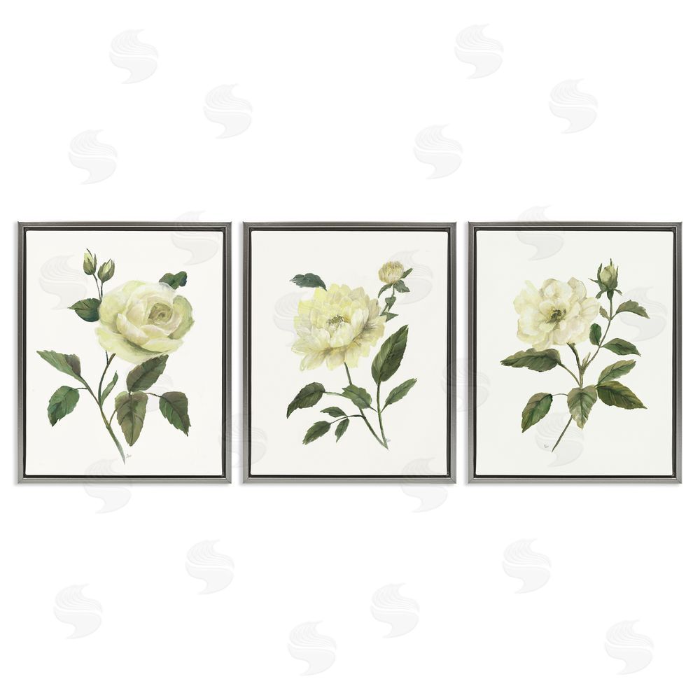 Nan Ivory Budding Garden Flowers Gray Floating Frame Canvas Wall Art Print