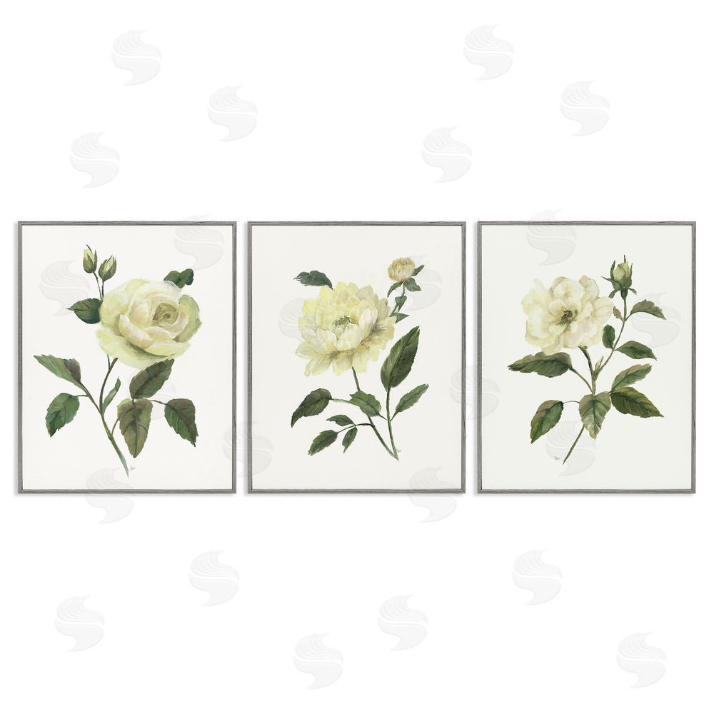 Nan Ivory Budding Garden Flowers Gray Framed Giclee Wall Art Print