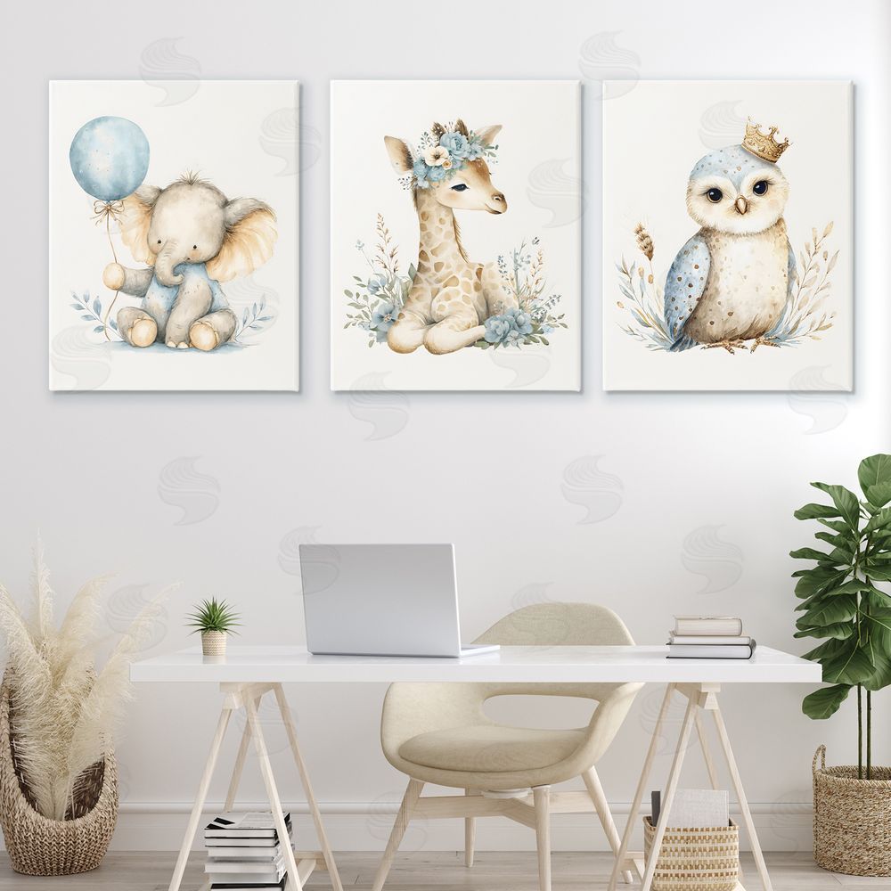 LSR Design Studio Watercolor Nursery Animals Stretched Canvas on Wall
