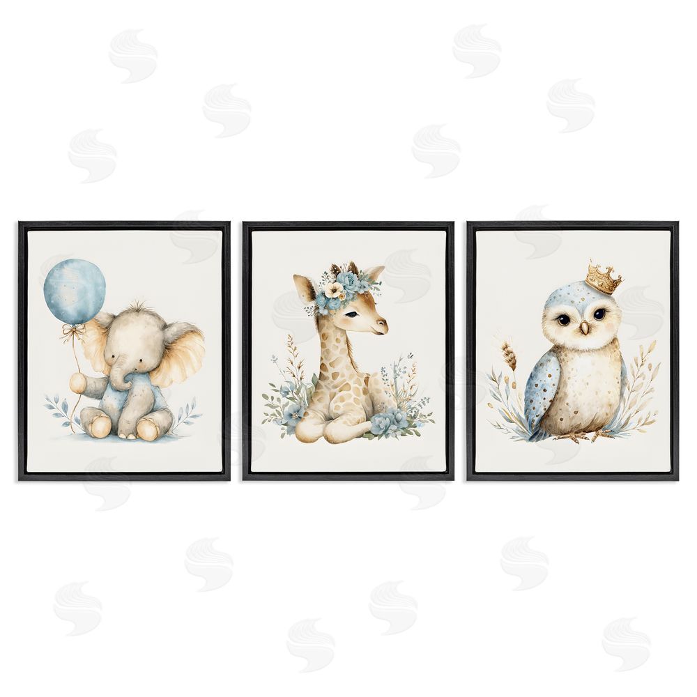 LSR Design Studio Watercolor Nursery Animals Black Floating Framed Canvas Wall Art Print