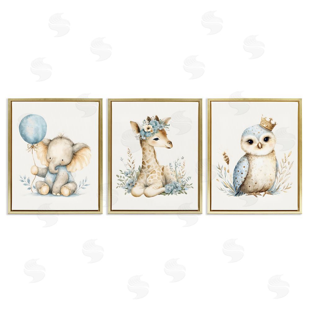 LSR Design Studio Watercolor Nursery Animals Gold Floating Framed Canvas Wall Art Print
