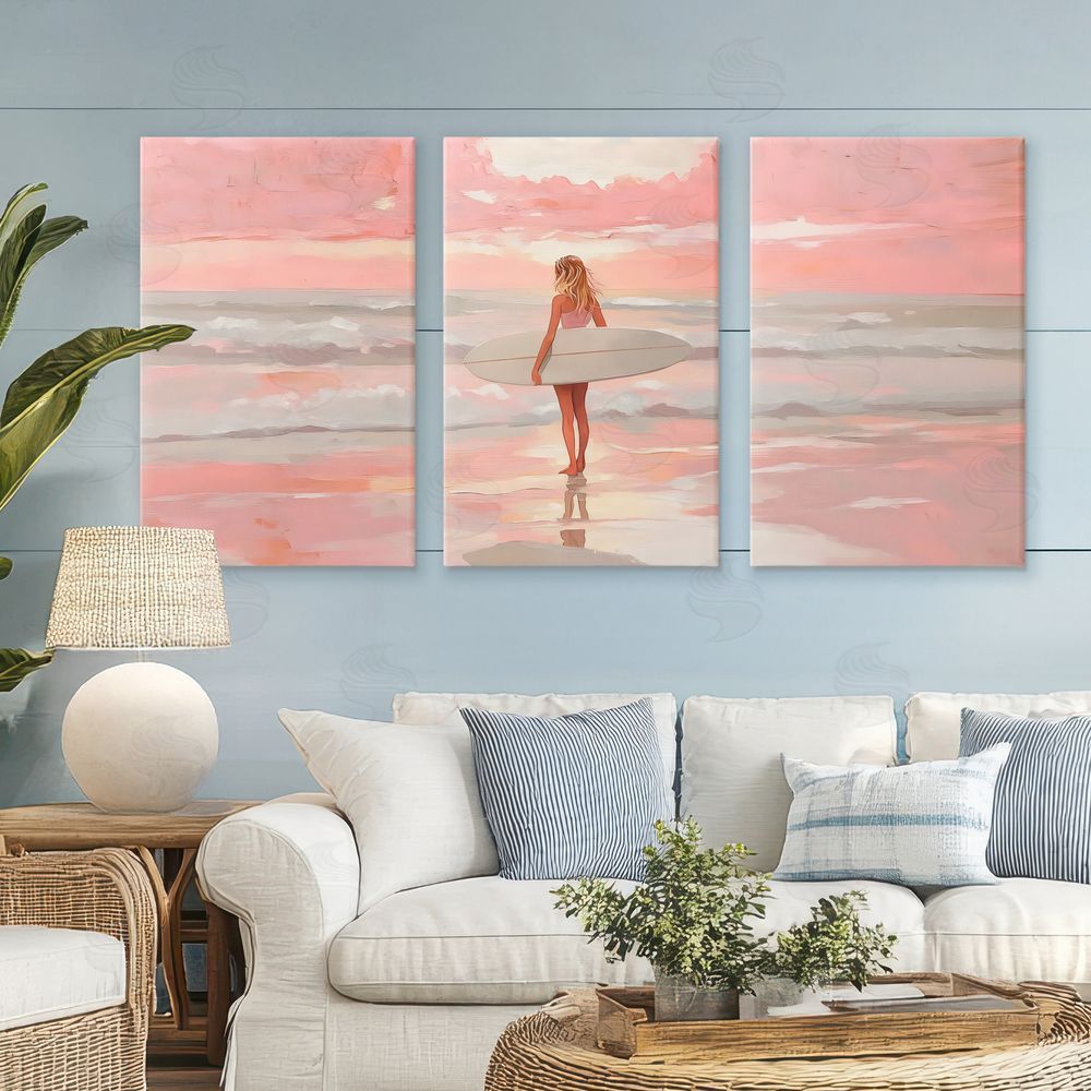 LSR Design Studio Pink Sky Surfer Sunrise Stretched Canvas Wall Art in Room