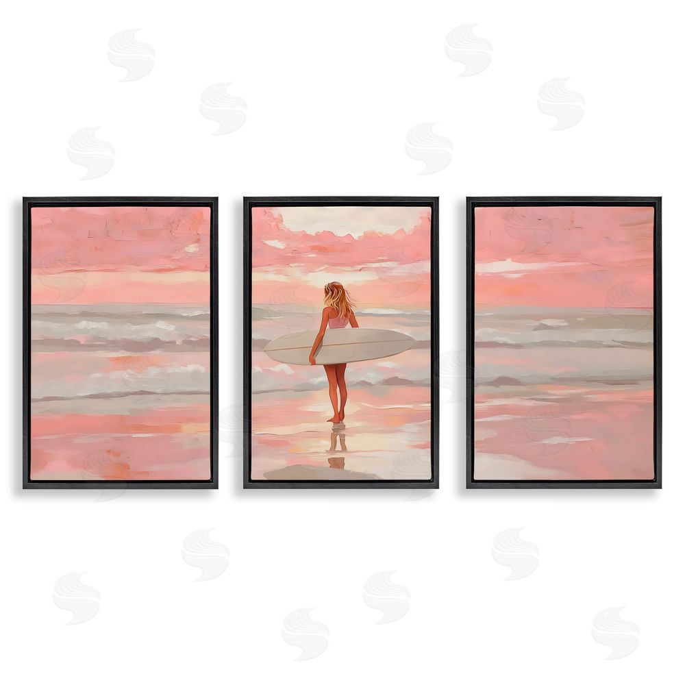 LSR Design Studio Pink Sky Surfer Sunrise Black Floating Frame Canvas Wall Art Print