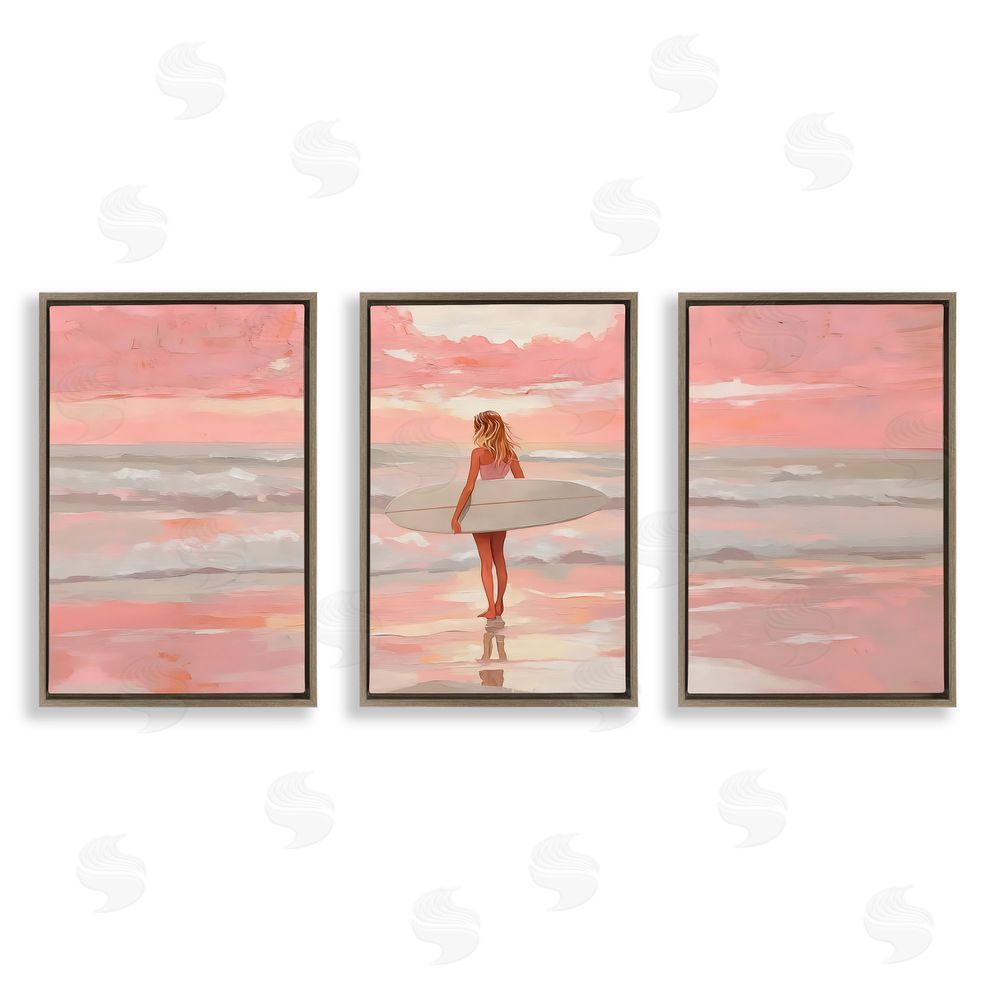 LSR Design Studio Pink Sky Surfer Sunrise Brown Floating Frame Canvas Wall Art Print