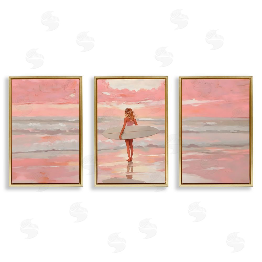LSR Design Studio Pink Sky Surfer Sunrise Gold Floating Frame Canvas Wall Art Print