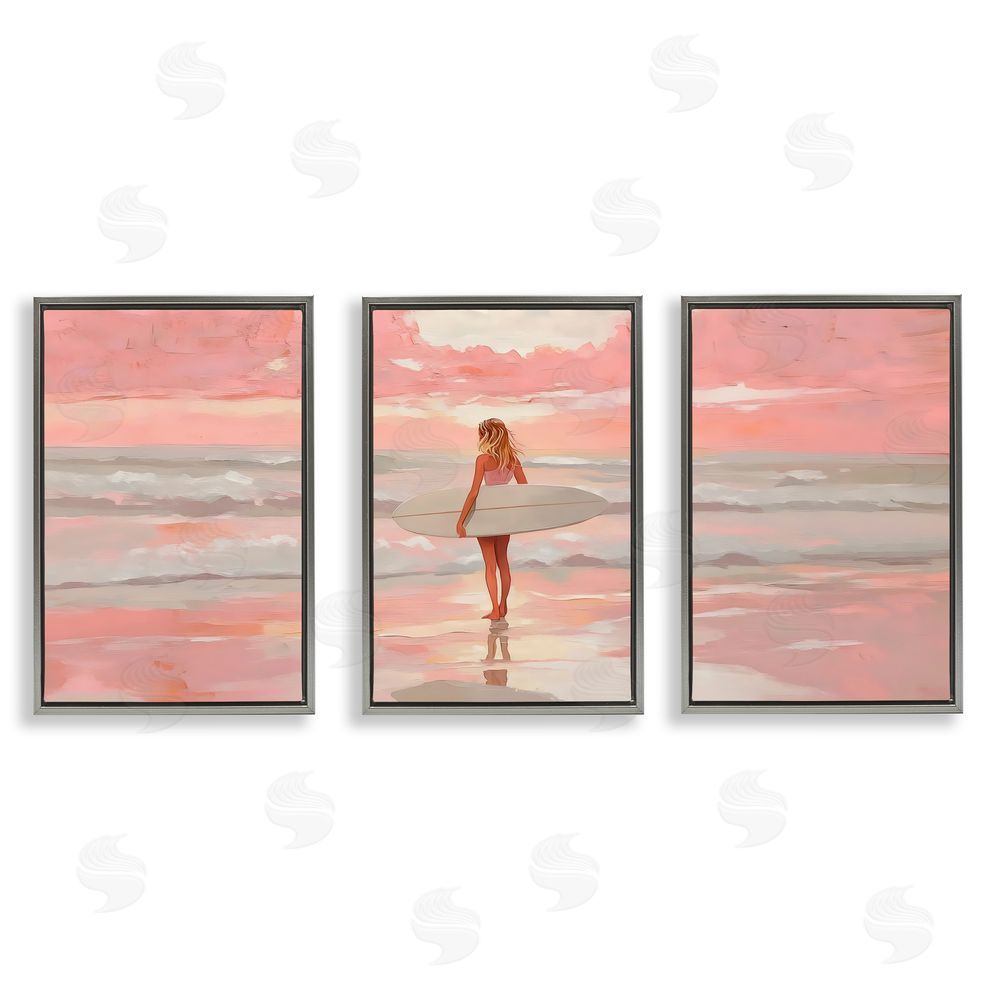 LSR Design Studio Pink Sky Surfer Sunrise Gray Floating Frame Canvas Wall Art Print