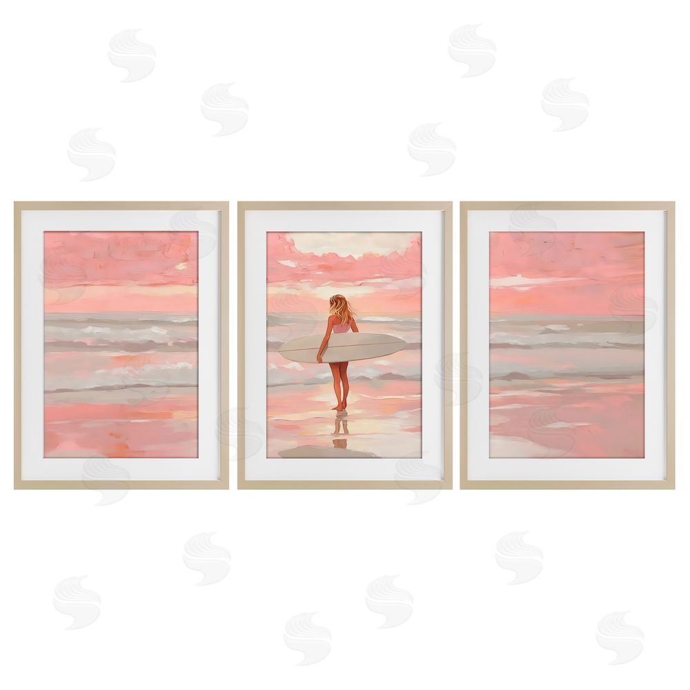 LSR Design Studio Pink Sky Surfer Sunrise Brown Framed Print Under Glass Wall Art