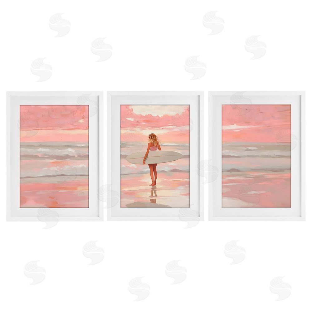 LSR Design Studio Pink Sky Surfer Sunrise White Framed Print Under Glass Wall Art