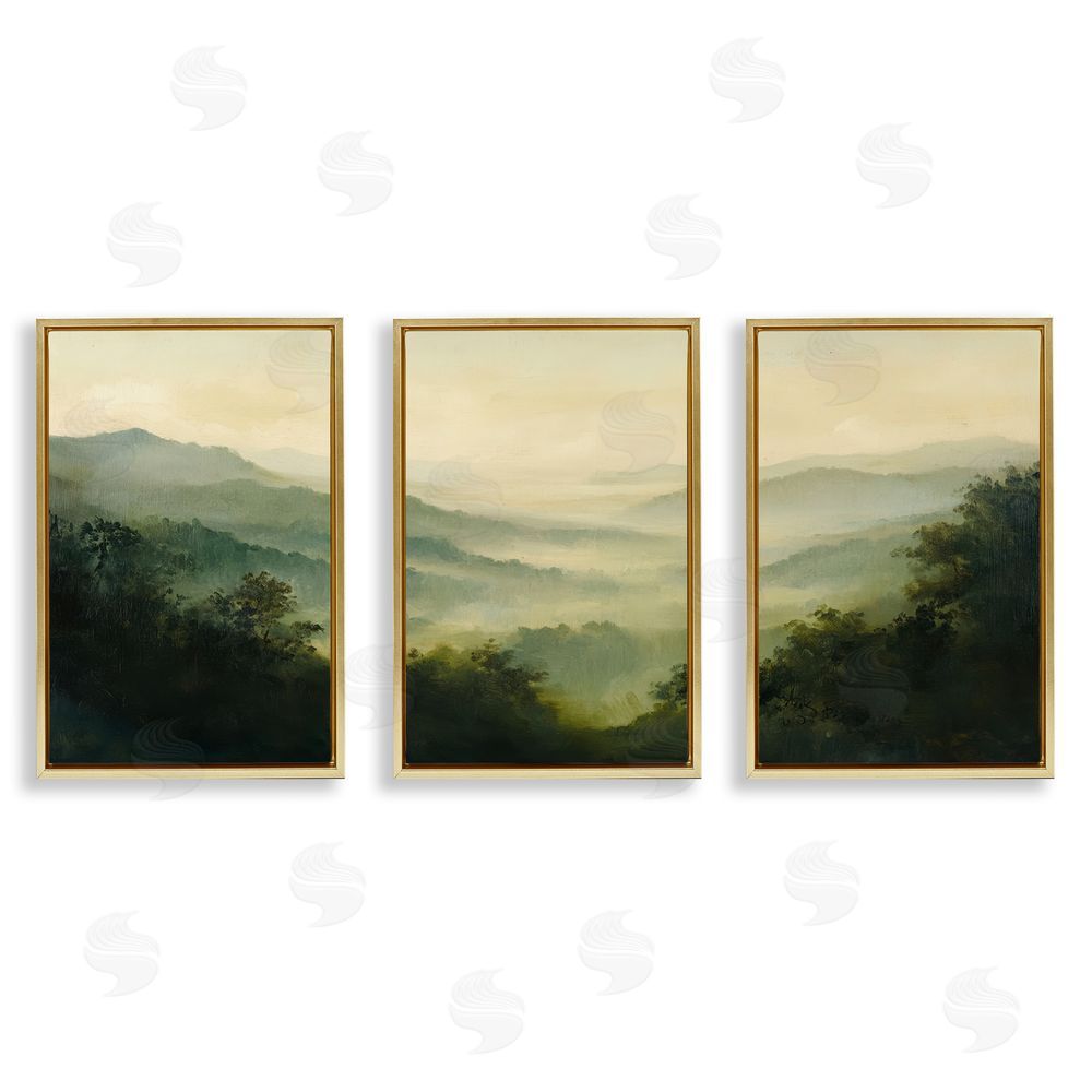 Petal Prints Design Through The Haze Mountain Panorama Gold Floating Frame Canvas Wall Art Print