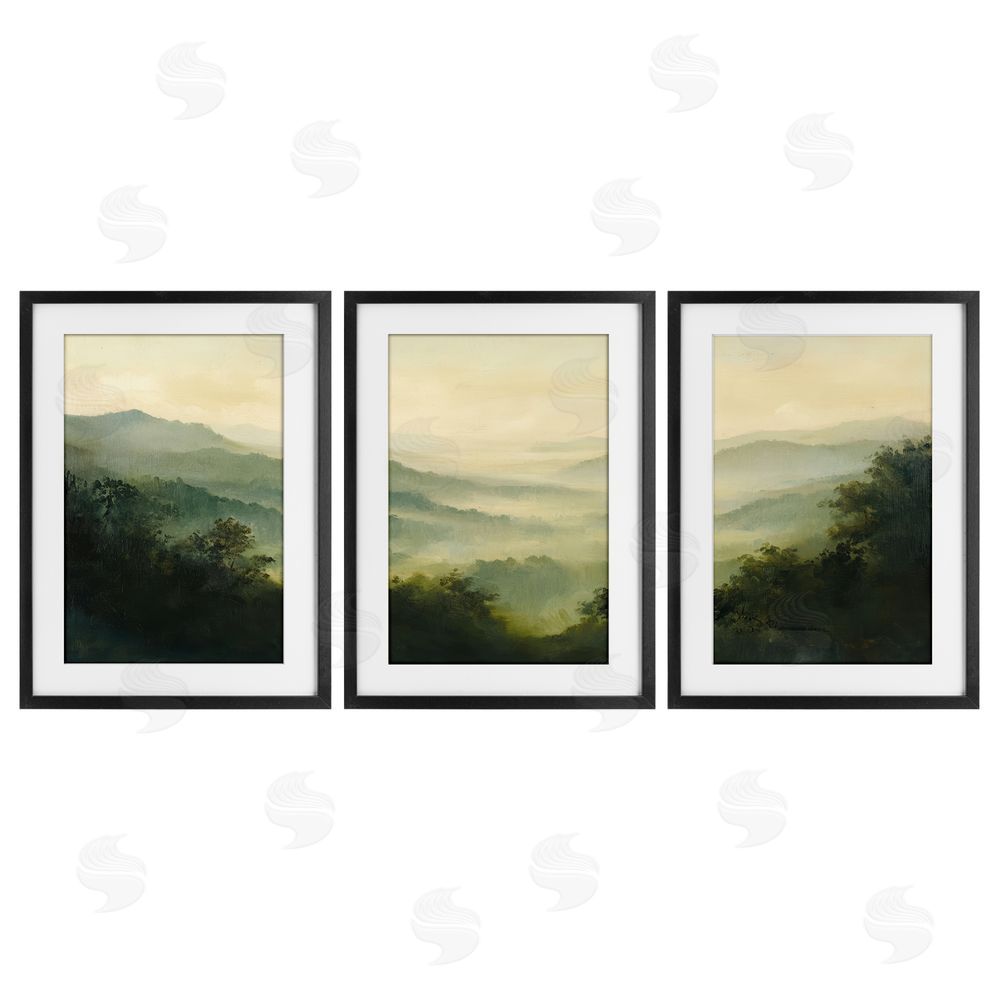 Petal Prints Design Through The Haze Mountain Panorama Black Framed Print Under Glass Wall Art
