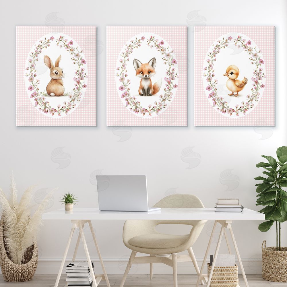Christine Simpson Art Spring Gingham Animals Stretched Canvas Wall Art Print in Room