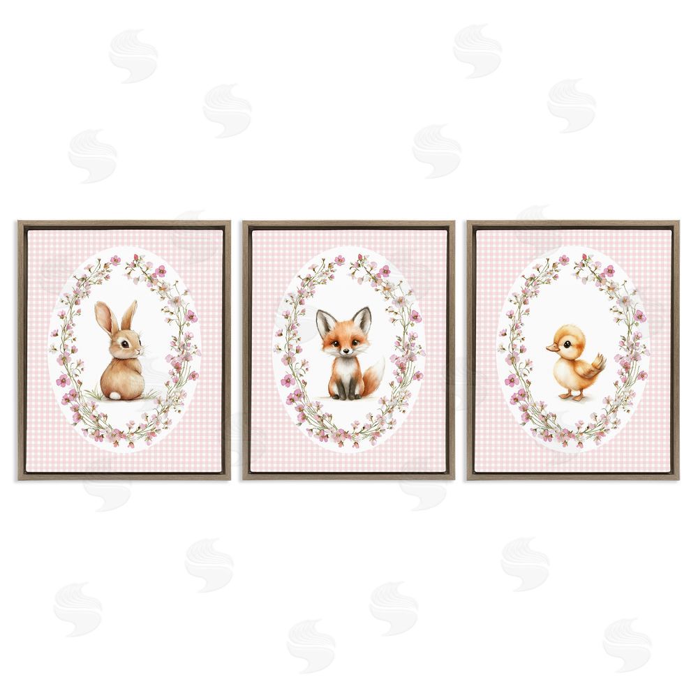 Christine Simpson Art Spring Gingham Animals Brown Floating Frame Canvas Wall Art Print