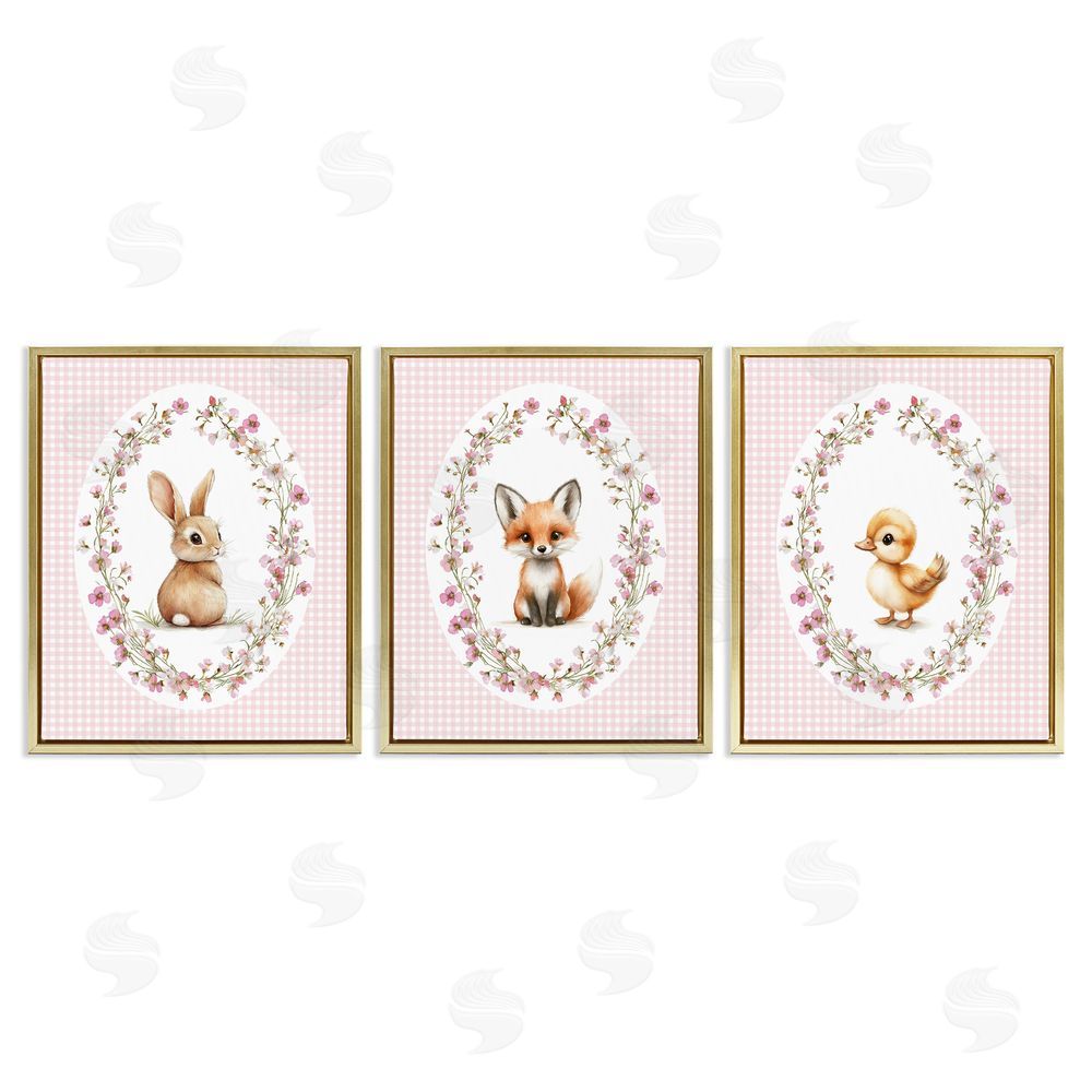 Christine Simpson Art Spring Gingham Animals Gold Floating Frame Canvas Wall Art Print