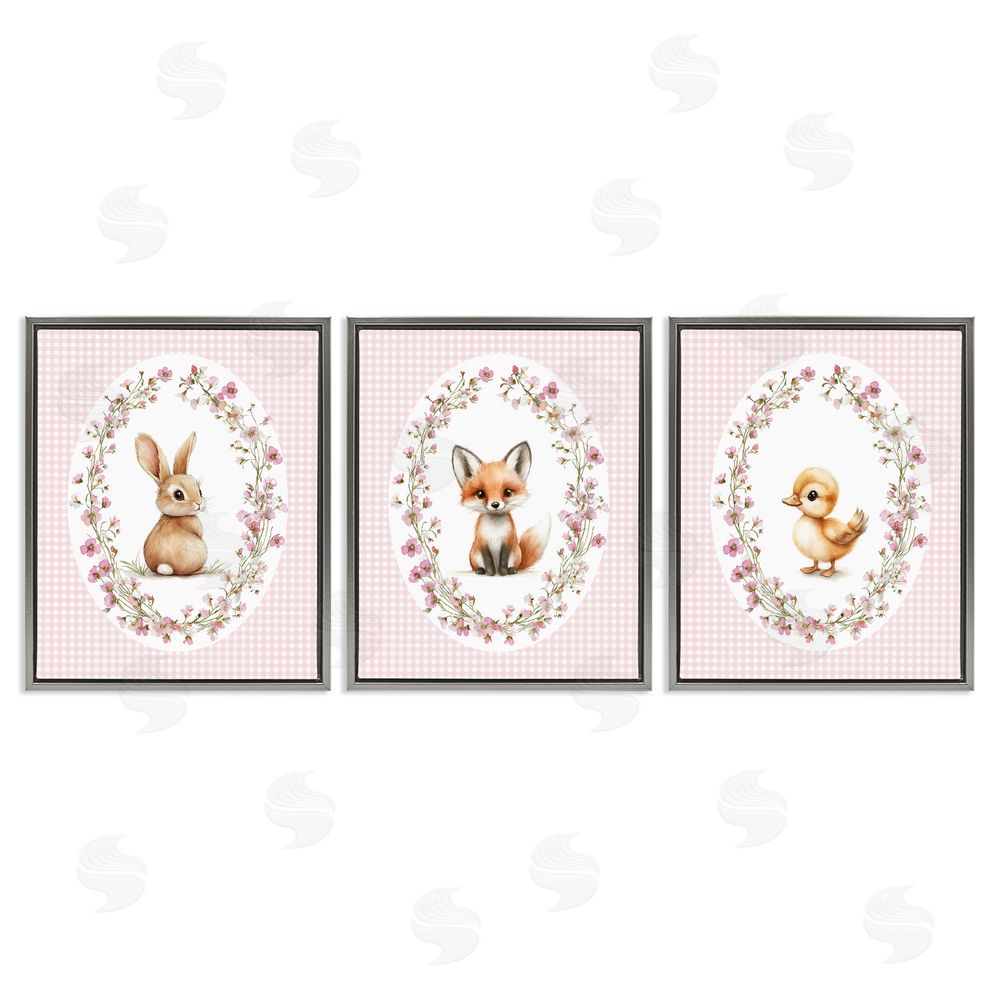 Christine Simpson Art Spring Gingham Animals Gray Floating Frame Canvas Wall Art Print