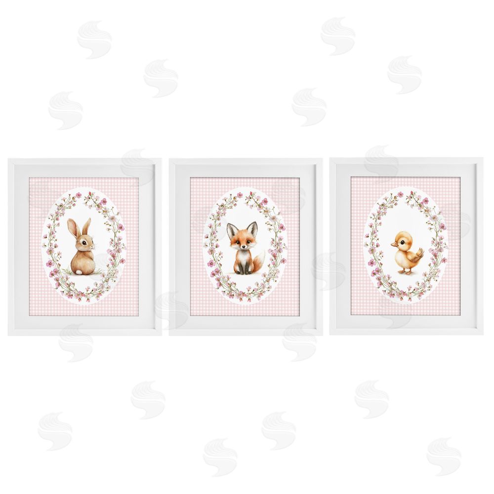 Christine Simpson Art Spring Gingham Animals White Framed Print Under Glass Wall Art