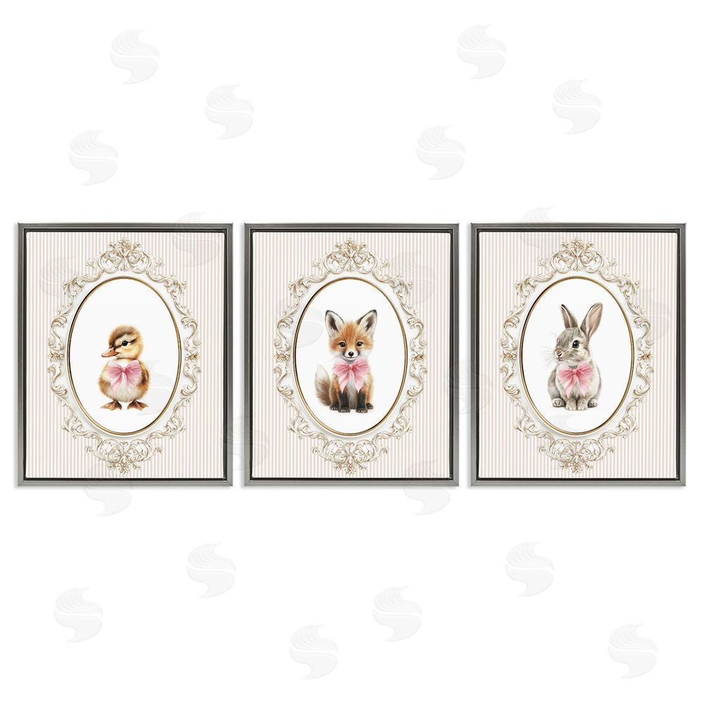 Christine Simpson Art Vintage Animals with Ornate Design Gray Floating Framed Canvas Wall Art Print
