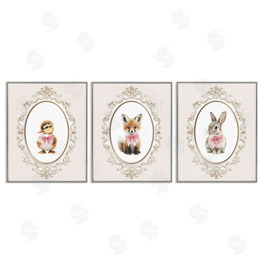 Christine Simpson Art Vintage Animals with Ornate Design Gray Framed Giclee Wall Art Print