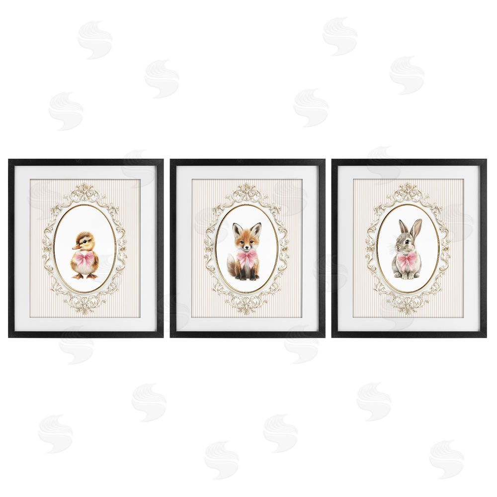Christine Simpson Art Vintage Animals with Ornate Design Black Framed Print Under Glass with White Mat Wall Art