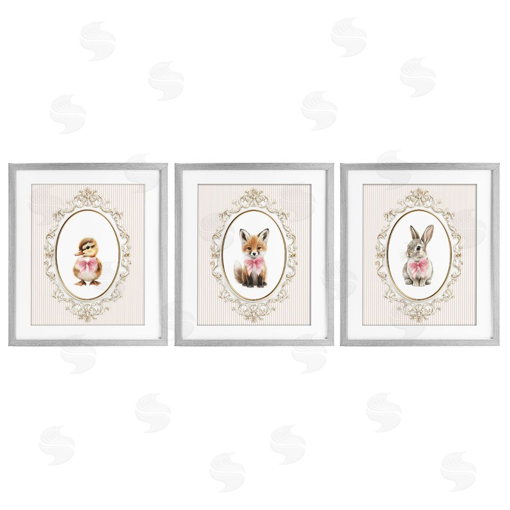 Christine Simpson Art Vintage Animals with Ornate Design Gray Framed Print Under Glass with White Mat Wall Art