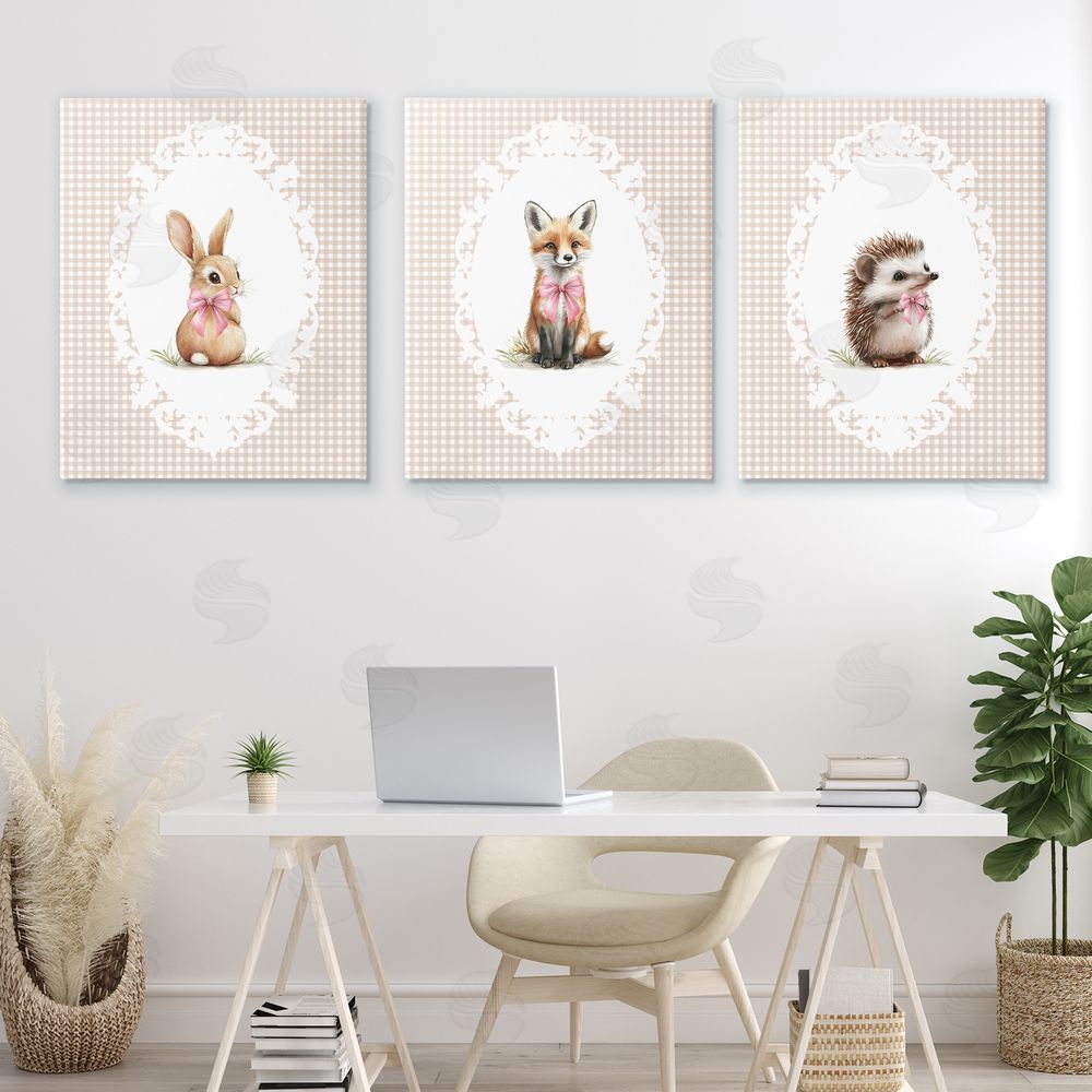 Christine Simpson Art Vintage Baby Bow Animals Stretched Cavas Wall Art Set in Room