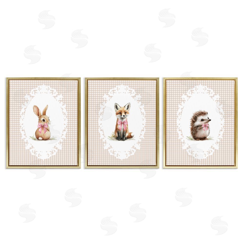 Christine Simpson Art Vintage Baby Bow Animals Gold Floating Frame Canvas Wall Art Print