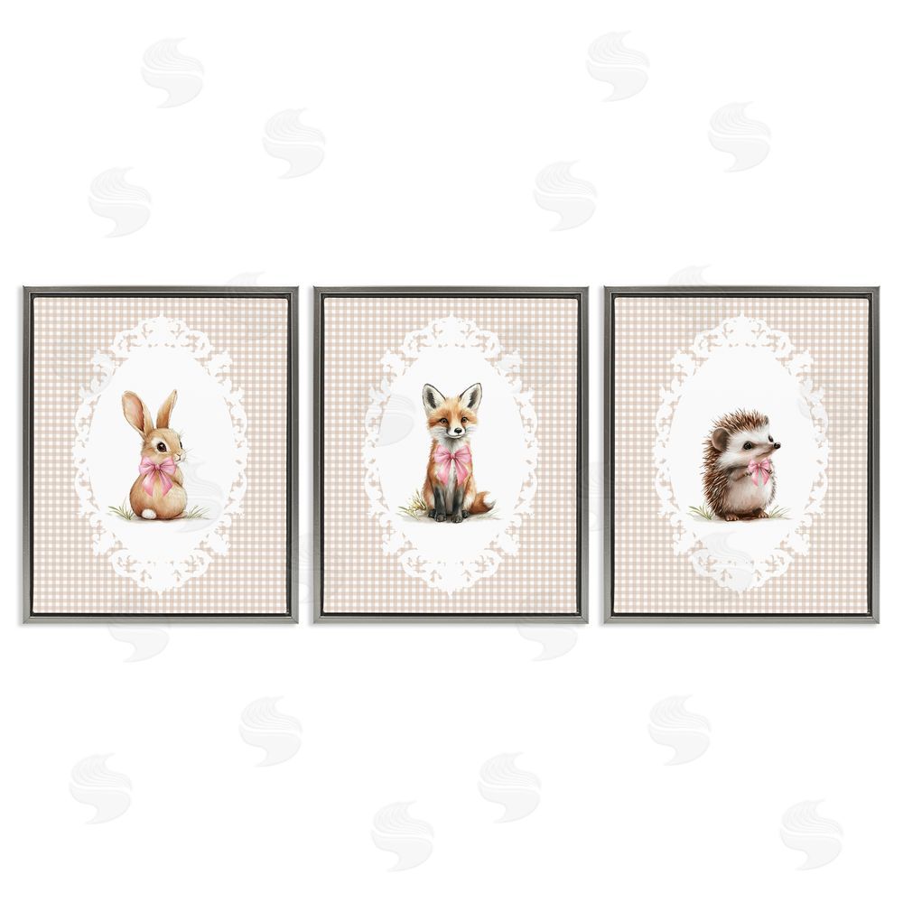 Christine Simpson Art Vintage Baby Bow Animals Gray Floating Frame Canvas Wall Art Print