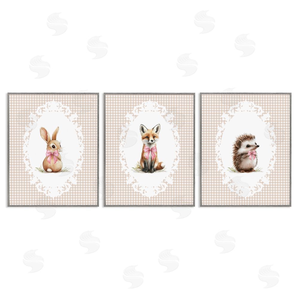 Christine Simpson Art Vintage Baby Bow Animals Gray Framed Giclee Wall Art Print