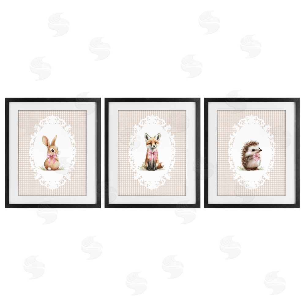 Christine Simpson Art Vintage Baby Bow Animals Black Framed Print Under Glass Wall Art