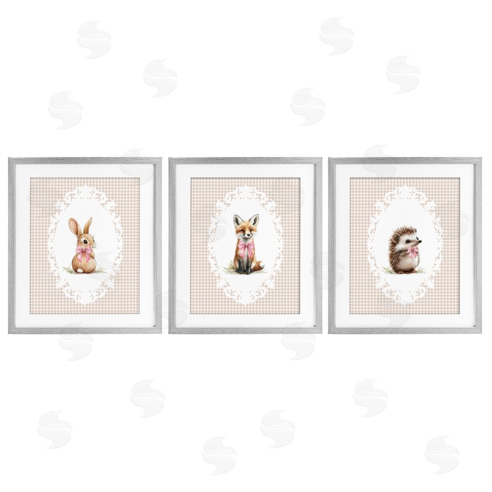 Christine Simpson Art Vintage Baby Bow Animals Gray Framed Print Under Glass Wall Art