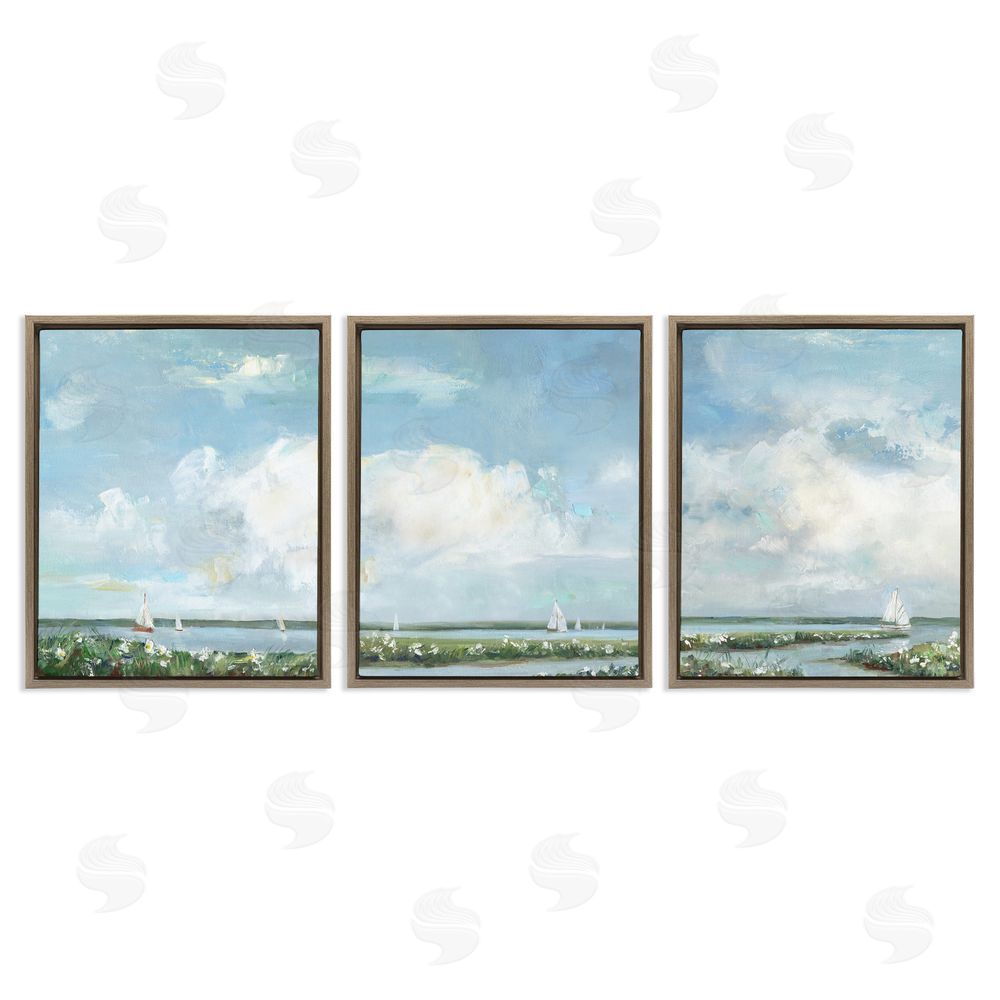 Sally Swatland Daisies Along Calm Coastline Brown Floating Frame Canvas Wall Art Print