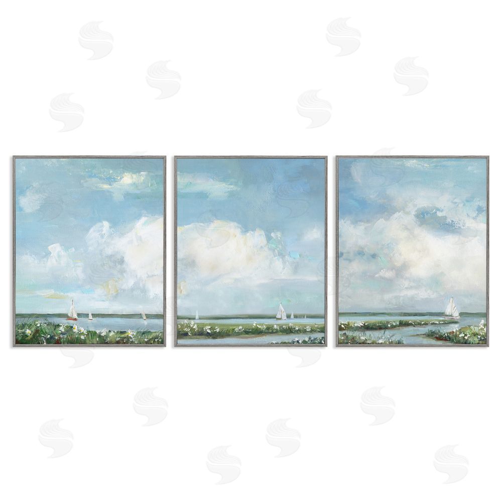 Sally Swatland Daisies Along Calm Coastline Gray Framed Giclee Wall Art Print