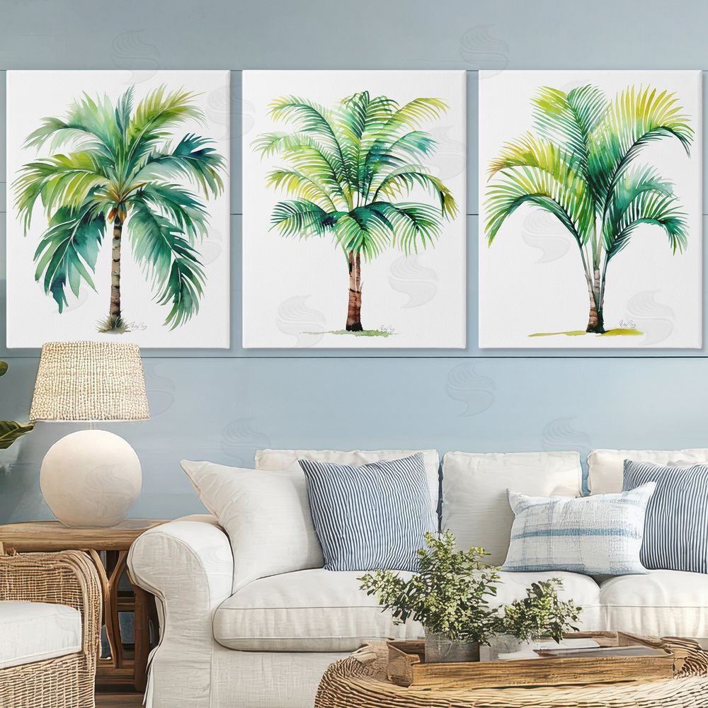 Shelly Craig Exotic Lagoon Palms Stretched Cavas Wall Art Set in Room