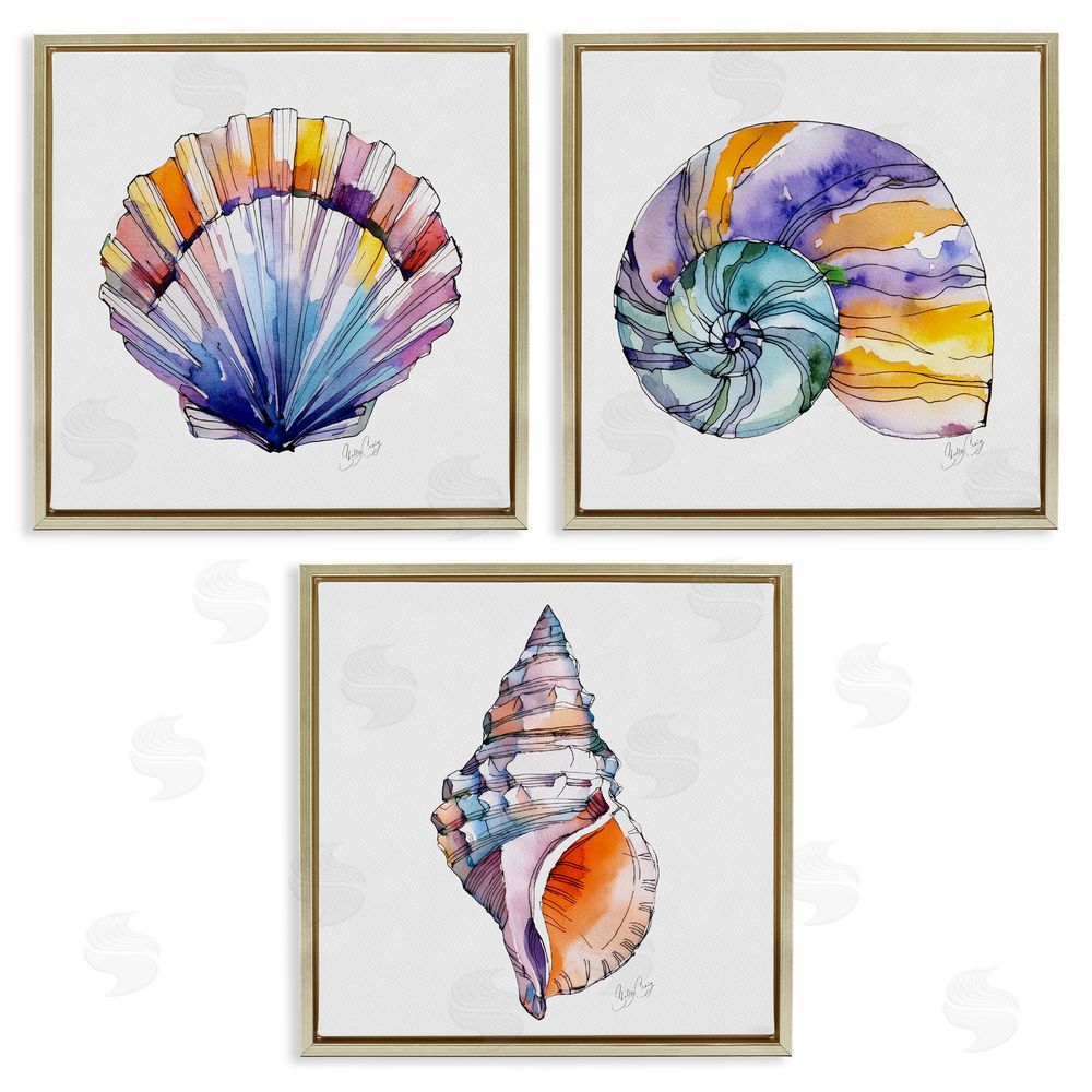 Shelly Craig Sunlit Seashells Watercolors Gold Floating Frame Canvas Wall Art Print