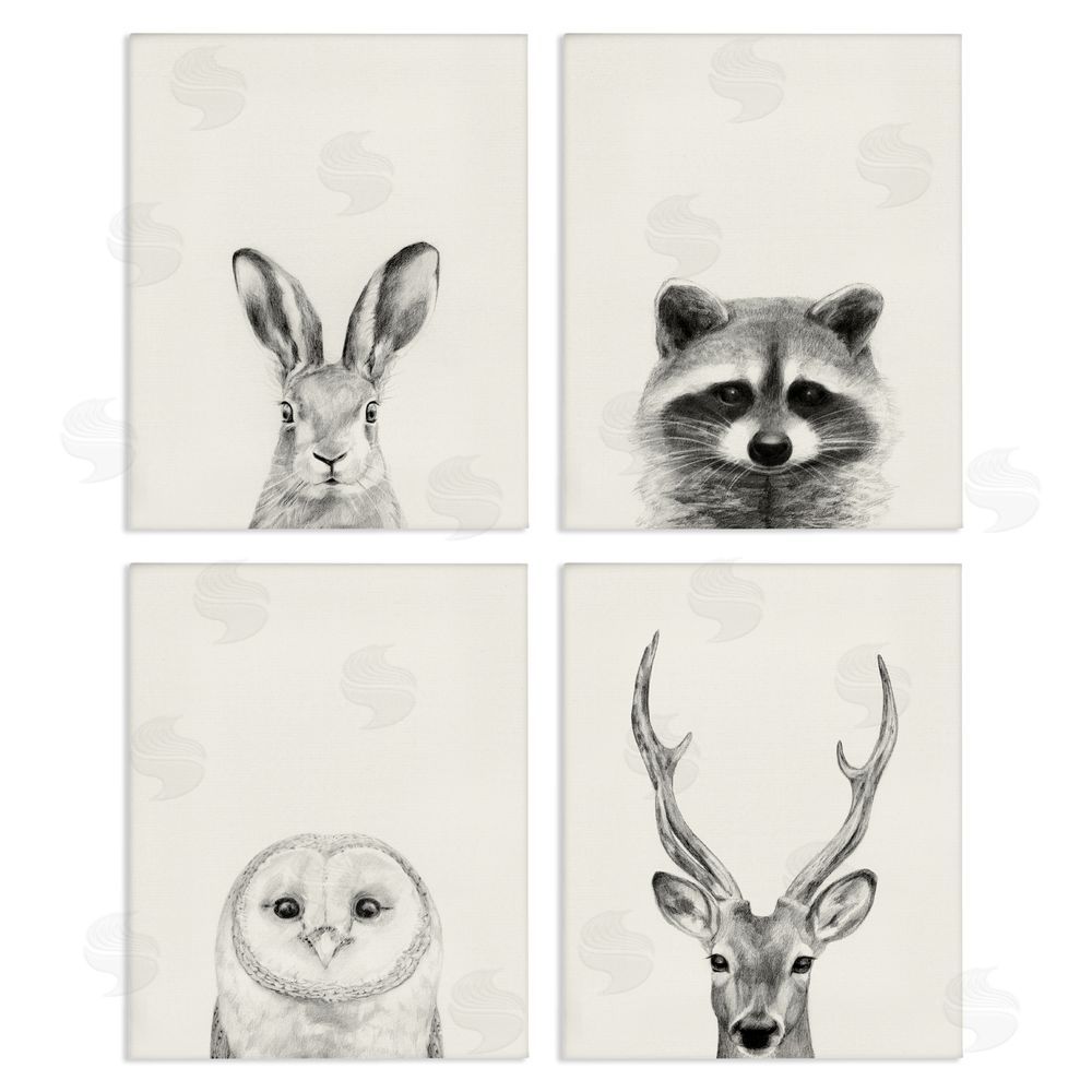 Victoria Borges Woodland Animals Portrait Grey Drawing Canvas Wall Art Print