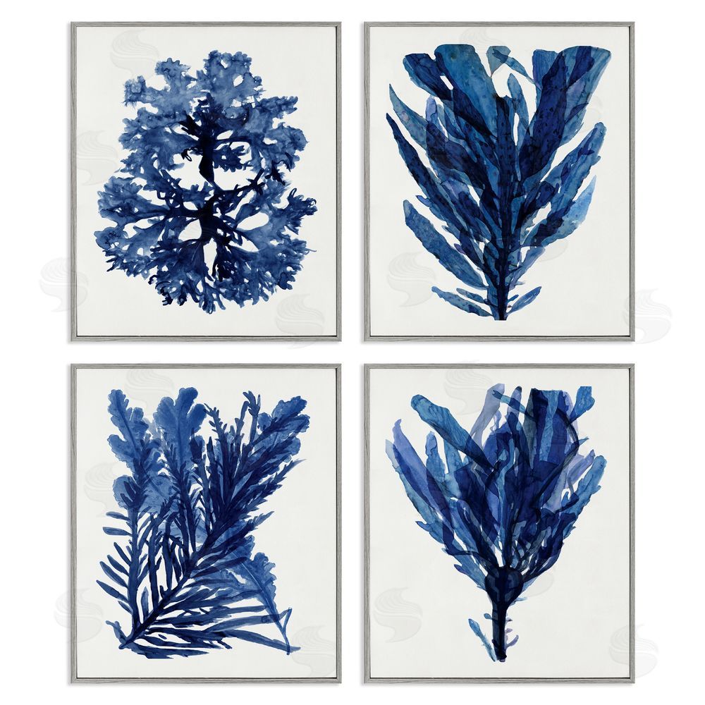 Stellar Design Studio Indigo Blue Ocean Plants Coastal Kelp Gray Framed Giclee Wall Art Print