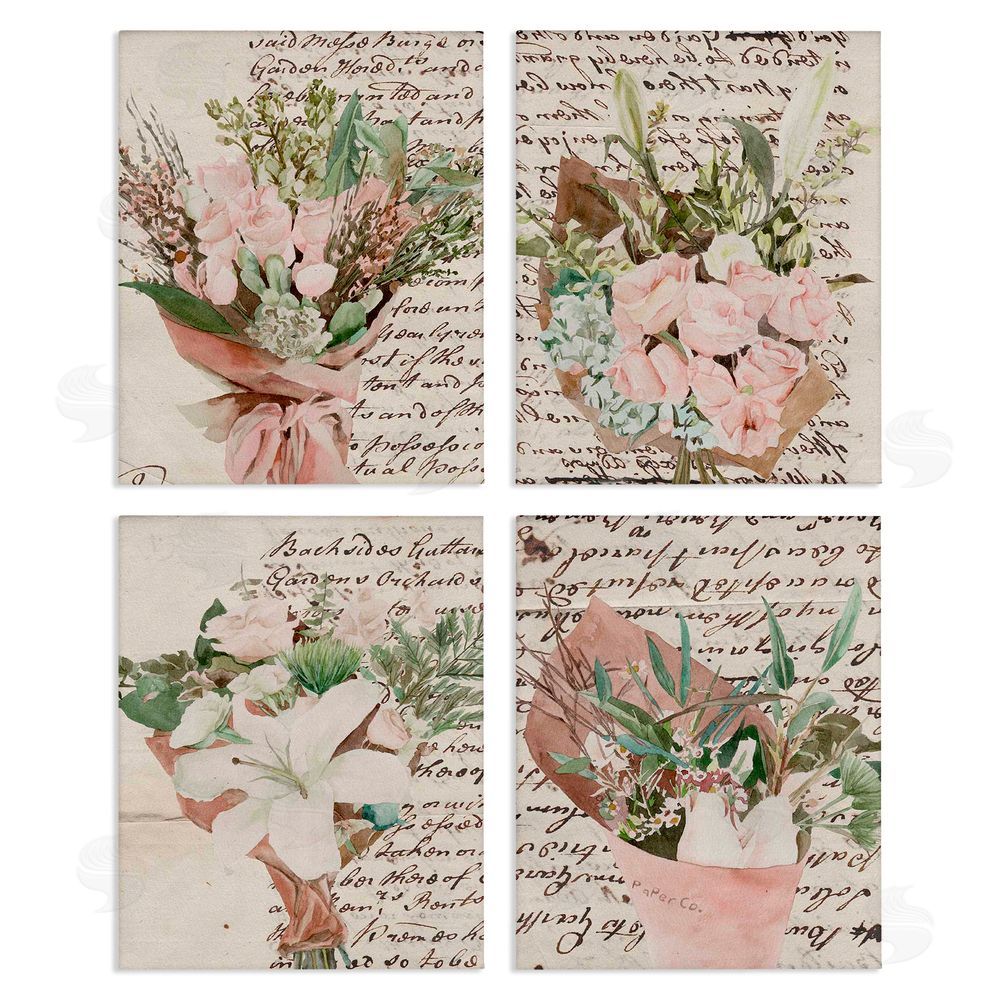 Melissa Wang Quaint Pink Flowers Vintage Brown Script Canvas Wall Art Print