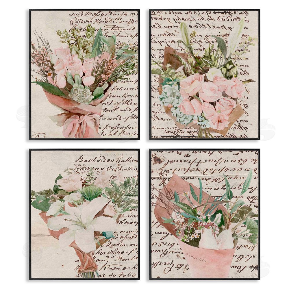 Melissa Wang Quaint Pink Flowers Vintage Brown Script Black Framed Giclee Wall Art Print