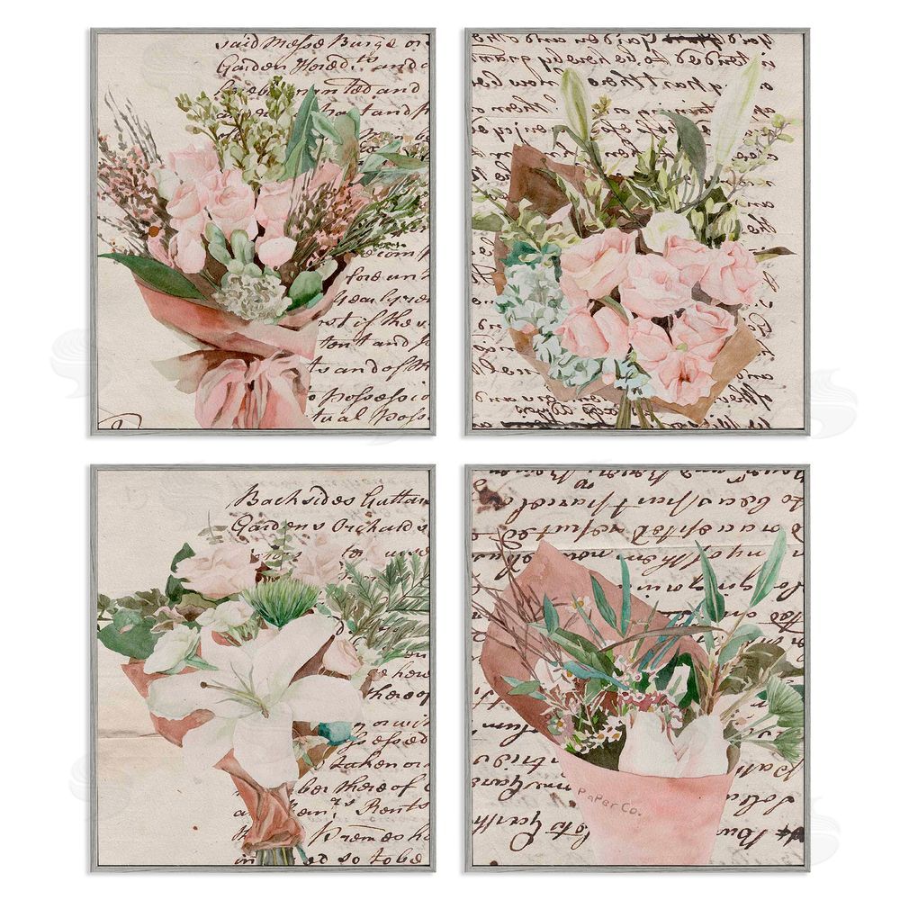 Melissa Wang Quaint Pink Flowers Vintage Brown Script Gray Framed Giclee Wall Art Print