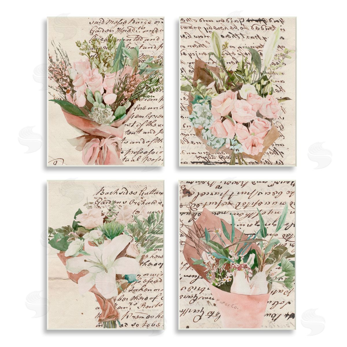 Melissa Wang Quaint Pink Flowers Vintage Brown Script Wooden Wall Plaque Art Print