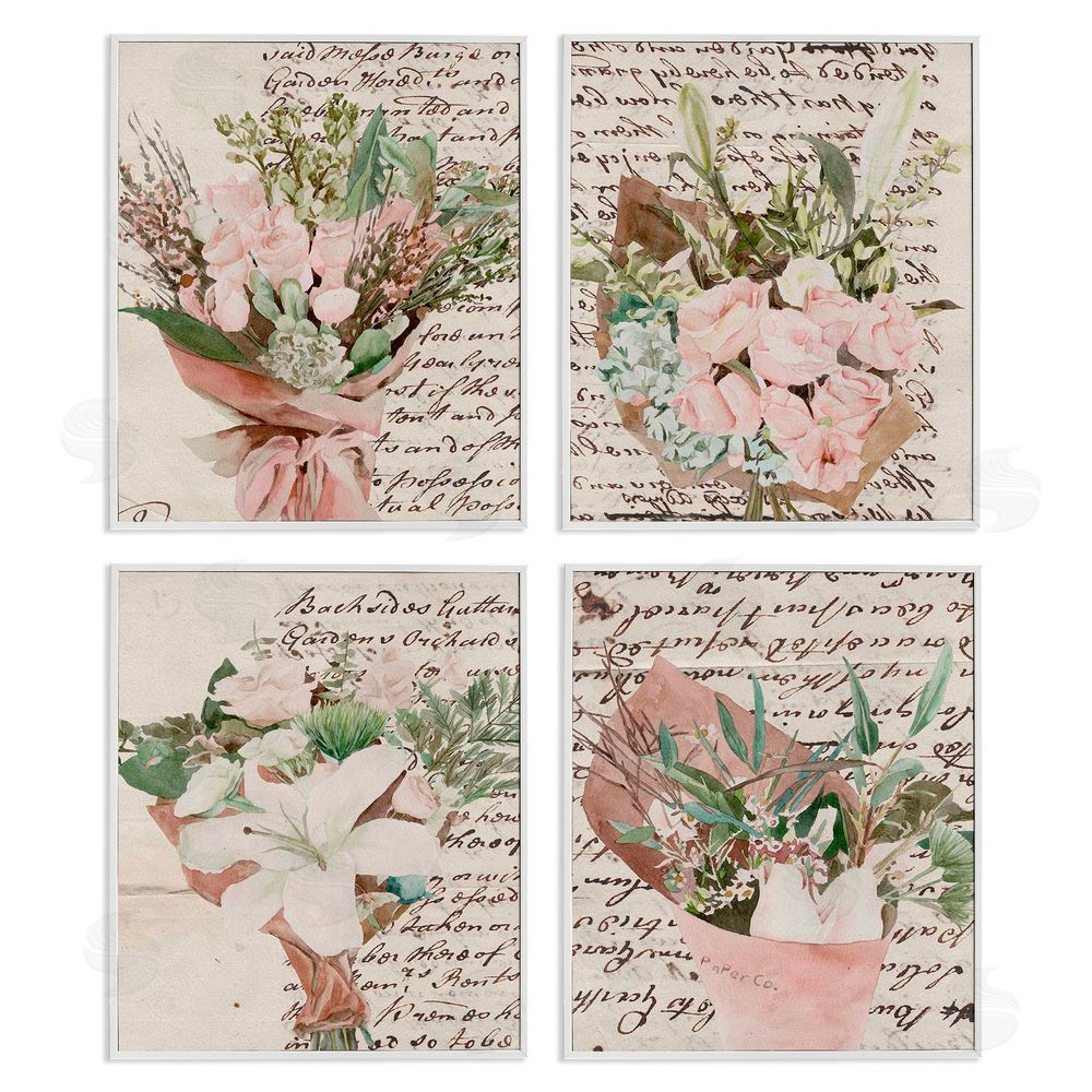 Melissa Wang Quaint Pink Flowers Vintage Brown Script White Framed Giclee Wall Art Print