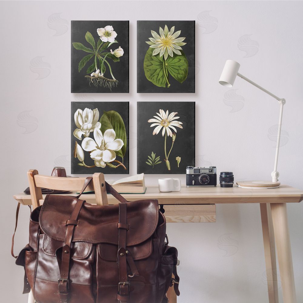 Lettered and Lined Vintage White Florals over Distressed Canvas Wall Art Print in Room