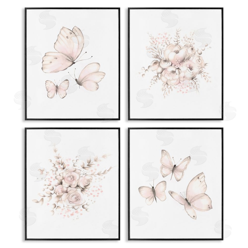 Studio Q Pastel Floral Blossoms Butterfly Nature Black Framed Giclee Wall Art Print