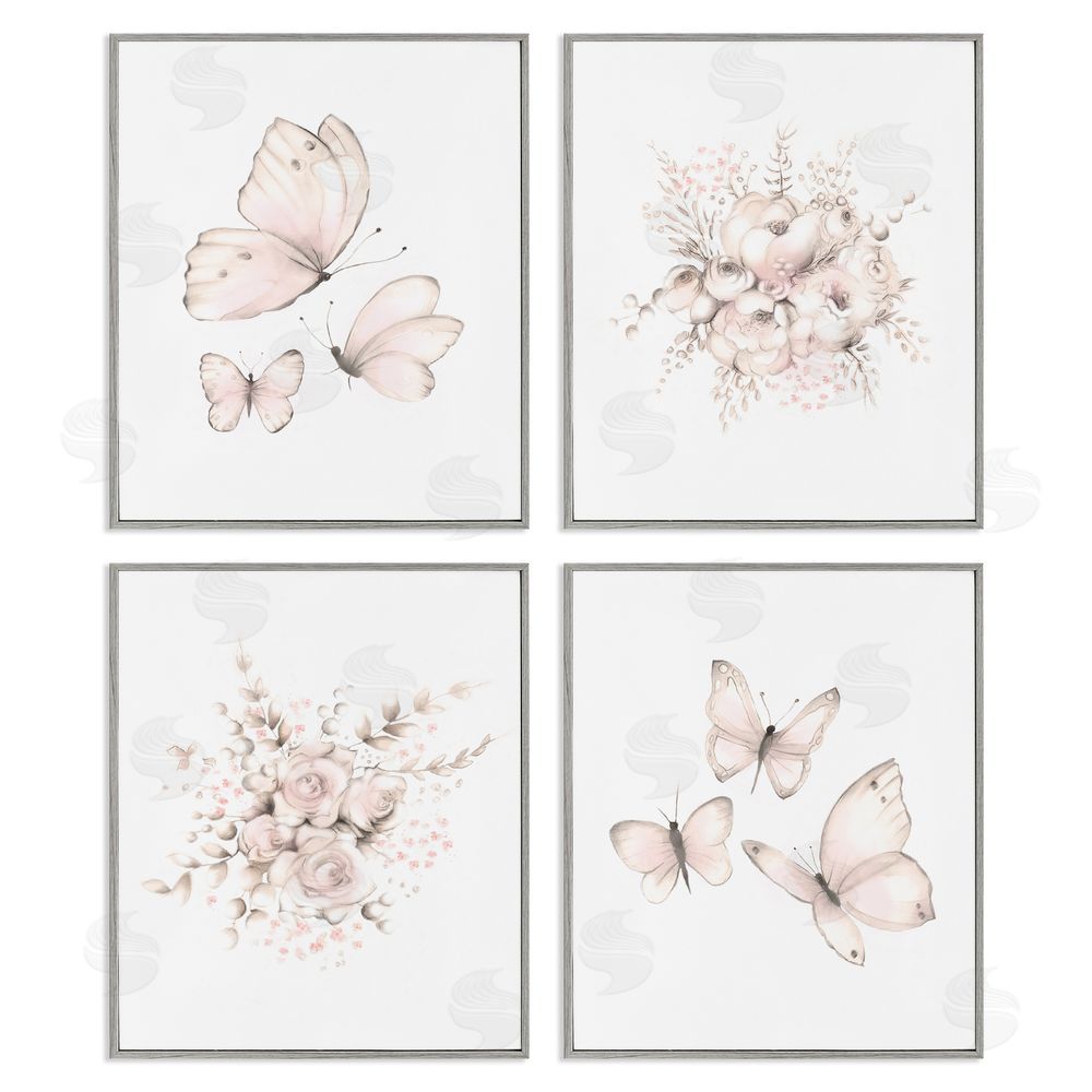Studio Q Pastel Floral Blossoms Butterfly Nature Gray Framed Giclee Wall Art Print
